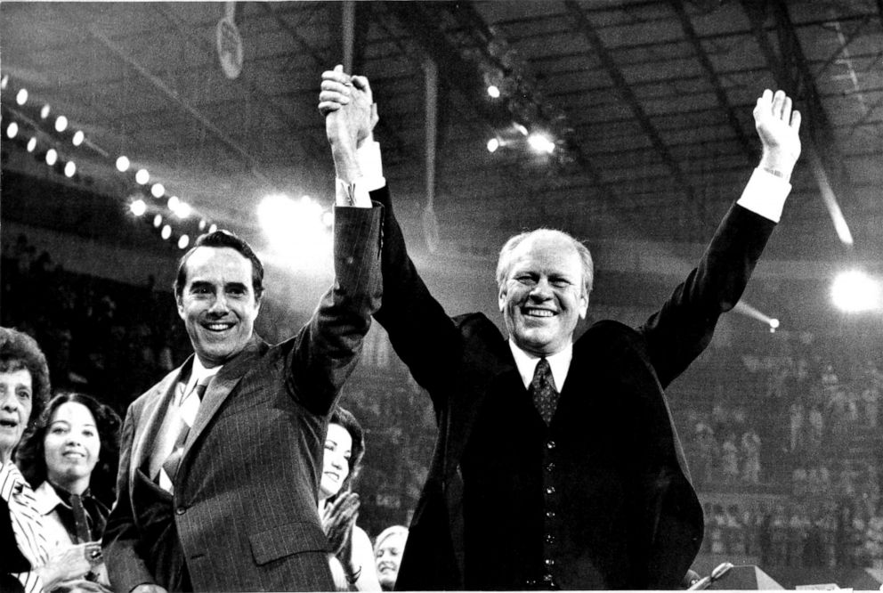 PHOTO: Sen. Bob Dole and President Gerald Ford smile and raise their hands during Republican National Convention at the Kemper Arena, Kansas City, Mo., Aug. 19, 1976, after they were nominated as the party's Vice Presidential and Presidential candidates.