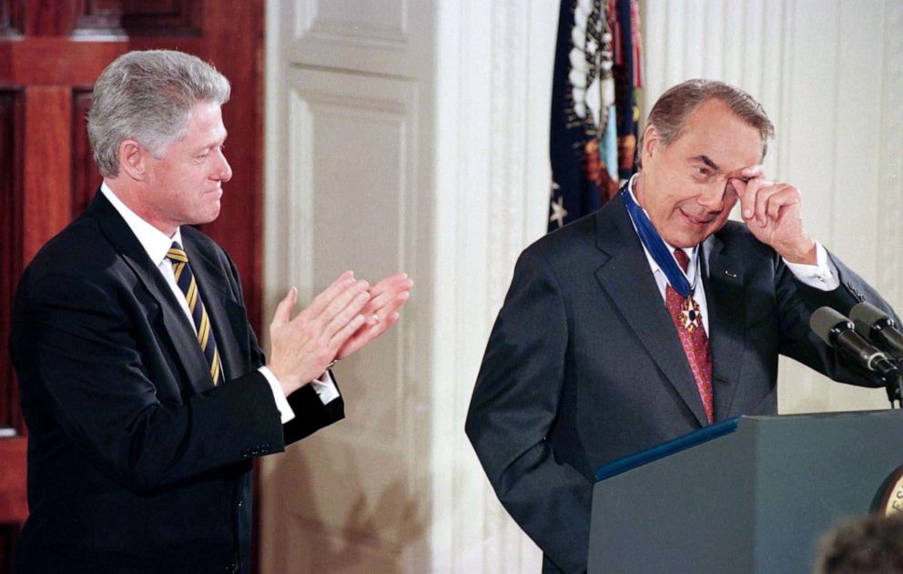 PHOTO: Former Senator and Republican presidential nominee Bob Dole wipes his eyes after he was presented with the Presidential Medal of Freedom by President Bill Clinton, Jan. 17, 1997, in Washington, D.C.