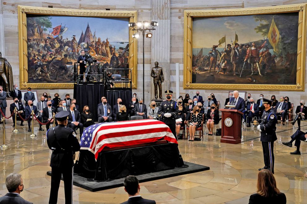 PHOTO: President Joe Biden delivers remarks during a ceremony honoring the late Sen. Bob Dole in the Rotunda of the U.S. Capitol where he will lie in state on Dec. 9, 2021 in Washington, D.C.