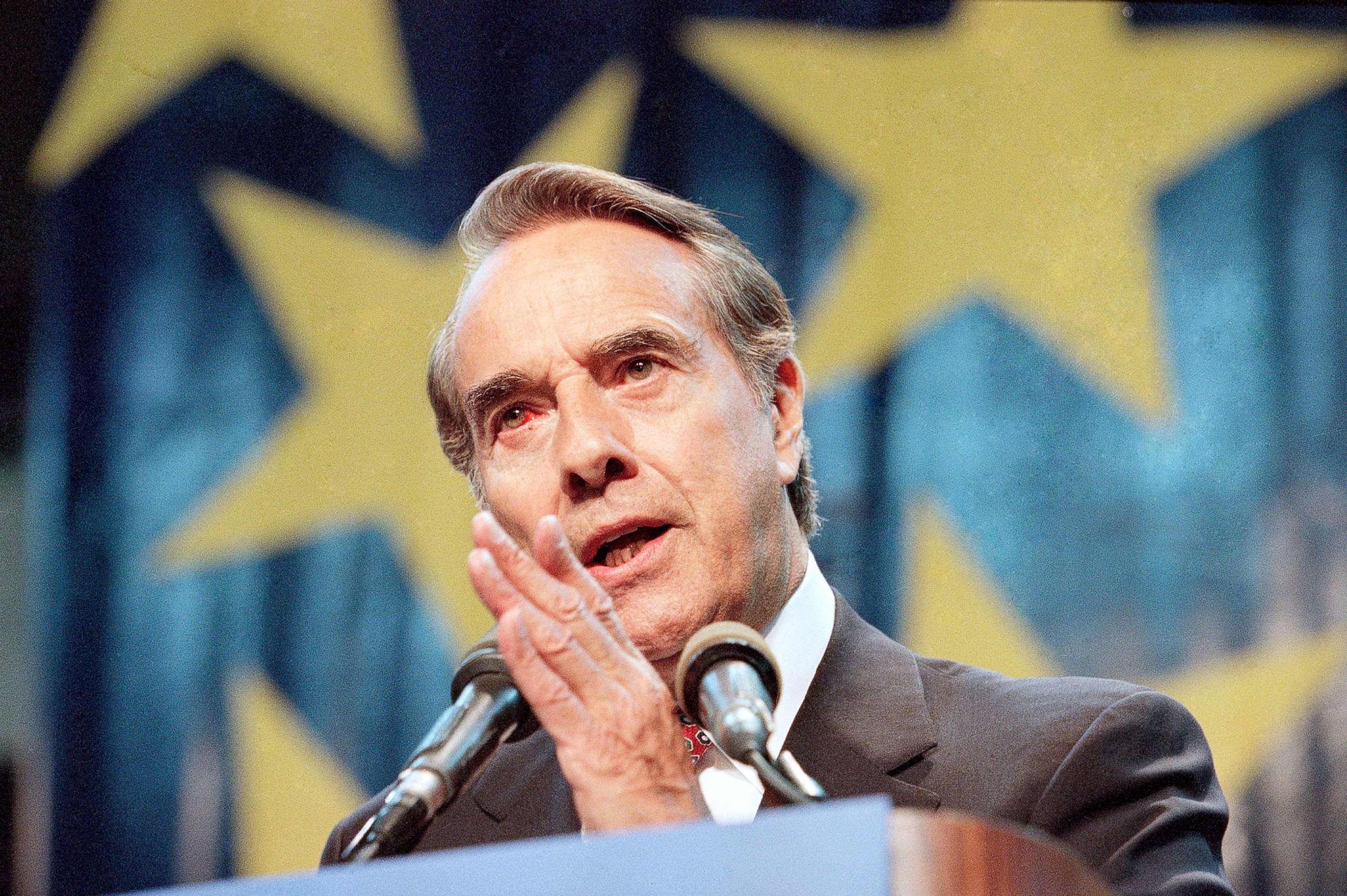 PHOTO: Sen. Bob Dole makes a speech to supporters in Topeka, Kan., April 10, 1995.