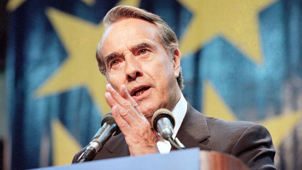 PHOTO: Sen. Bob Dole makes a speech to supporters in Topeka, Kan., April 10, 1995.