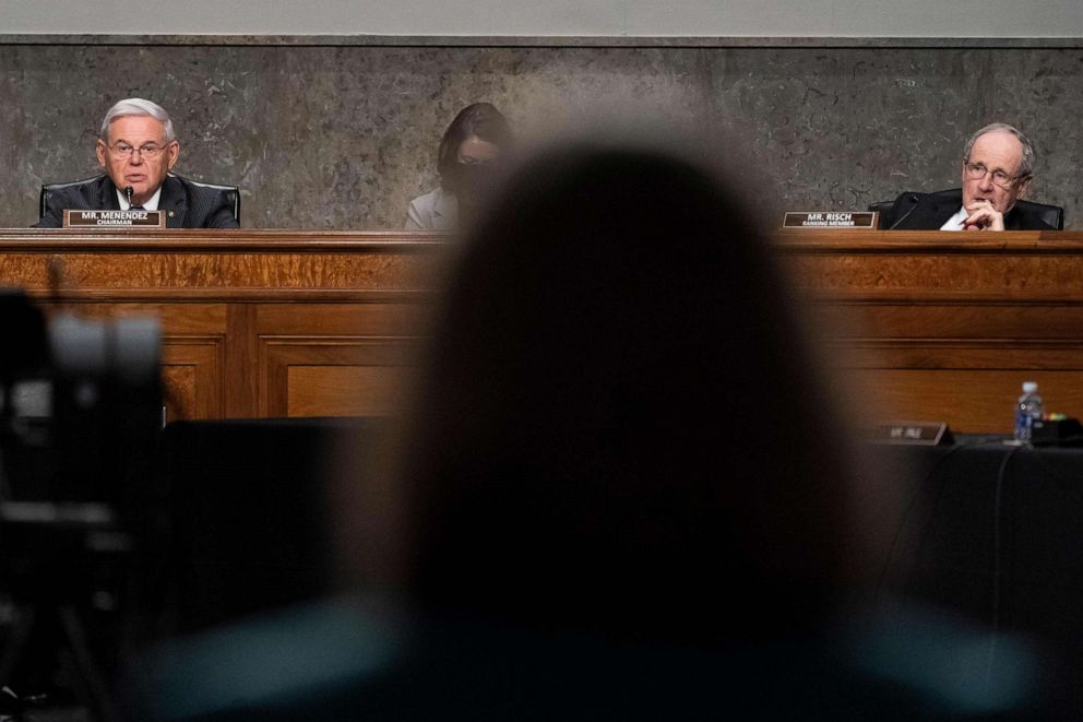 PHOTO: In this Dec. 7, 2021, file photo, Chairman Bob Menendez, left, and Senator Jim Risch, are seated during a hearing of the Senate Foreign Relations Committee to examine US-Russia policy, at the US Capitol in Washington, D.C.