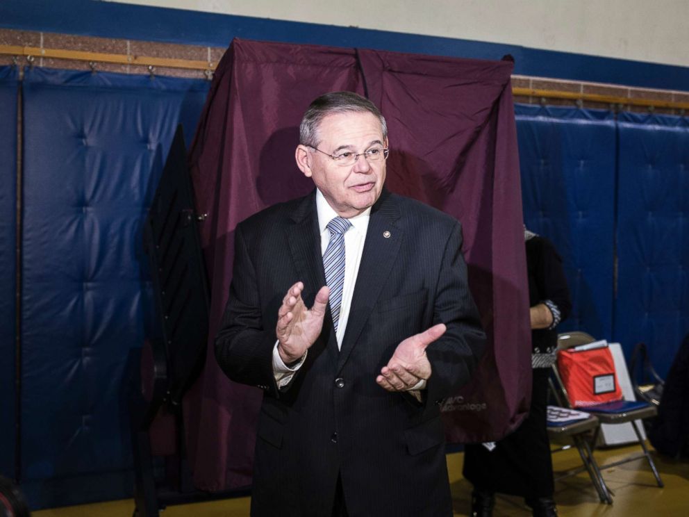 PHOTO: Sen. Robert Menendez walks from a poll after casting a ballot on Election Day morning at the community center in Harrison, N.J., Nov. 6, 2018.