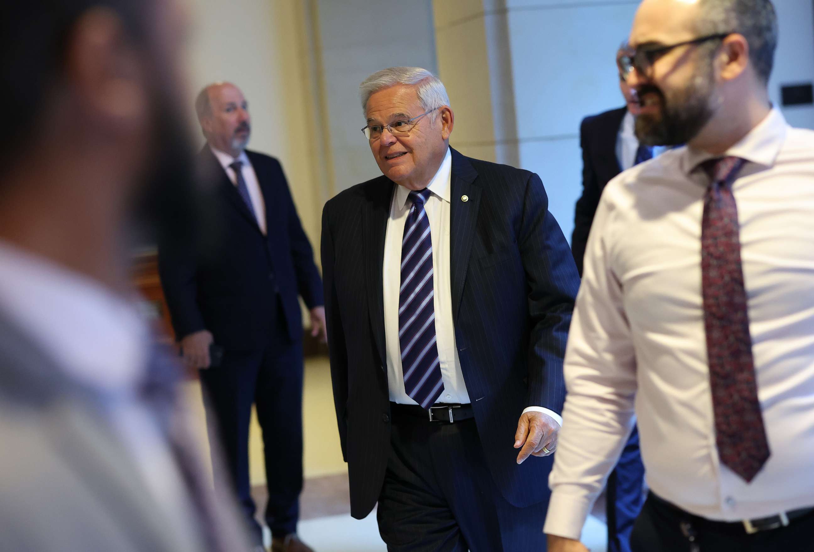 PHOTO: Sen. Bob Menendez, D-N.J., arrives for a briefing on Ukraine at the U.S. Capitol on Sept. 20, 2023, in Washington, D.C.