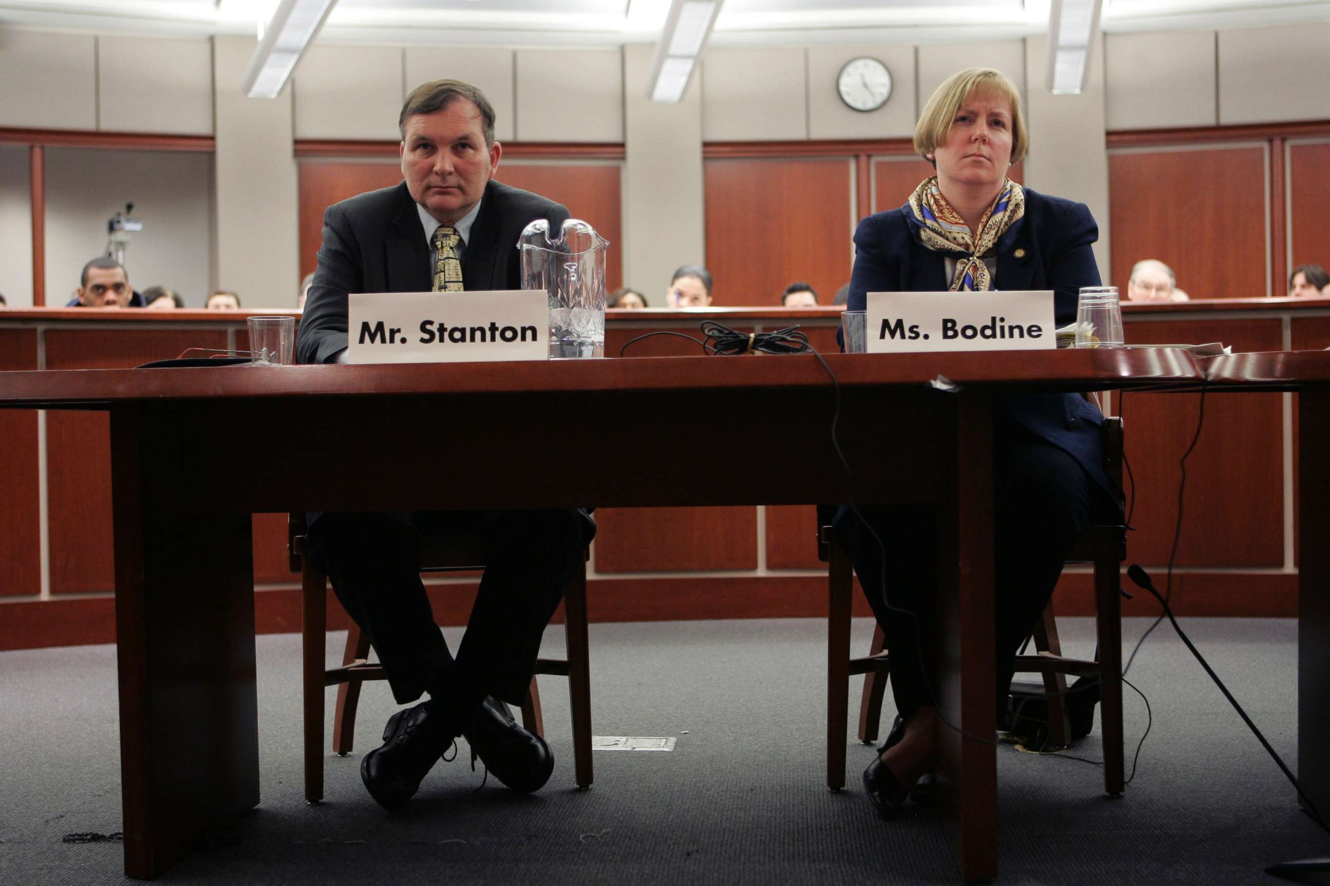 PHOTO: Susan Bodine, right, with the Environmental Agency listen to remarks from Sen. Frank Lautenberg, D-N.J., during a hearing about chemical plant security in Newark, N.J., March 19, 2007. 