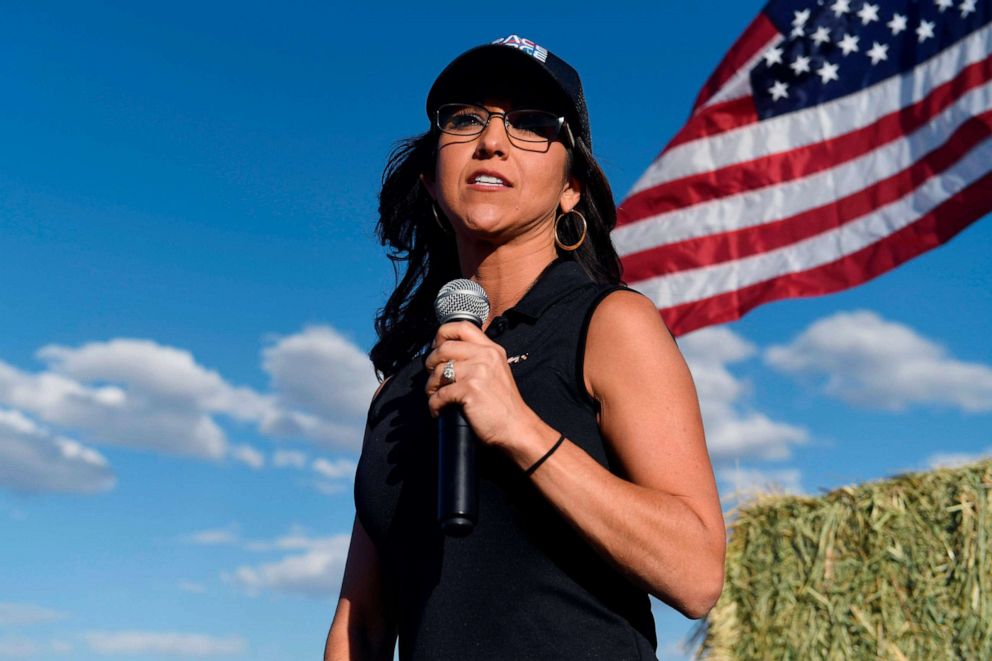 PHOTO: Lauren Boebert, the Republican candidate for the US House of Representatives seat in Colorado's 3rd Congressional District, addresses supporters during a campaign rally in Colona, Colo., Oct. 10, 2020.