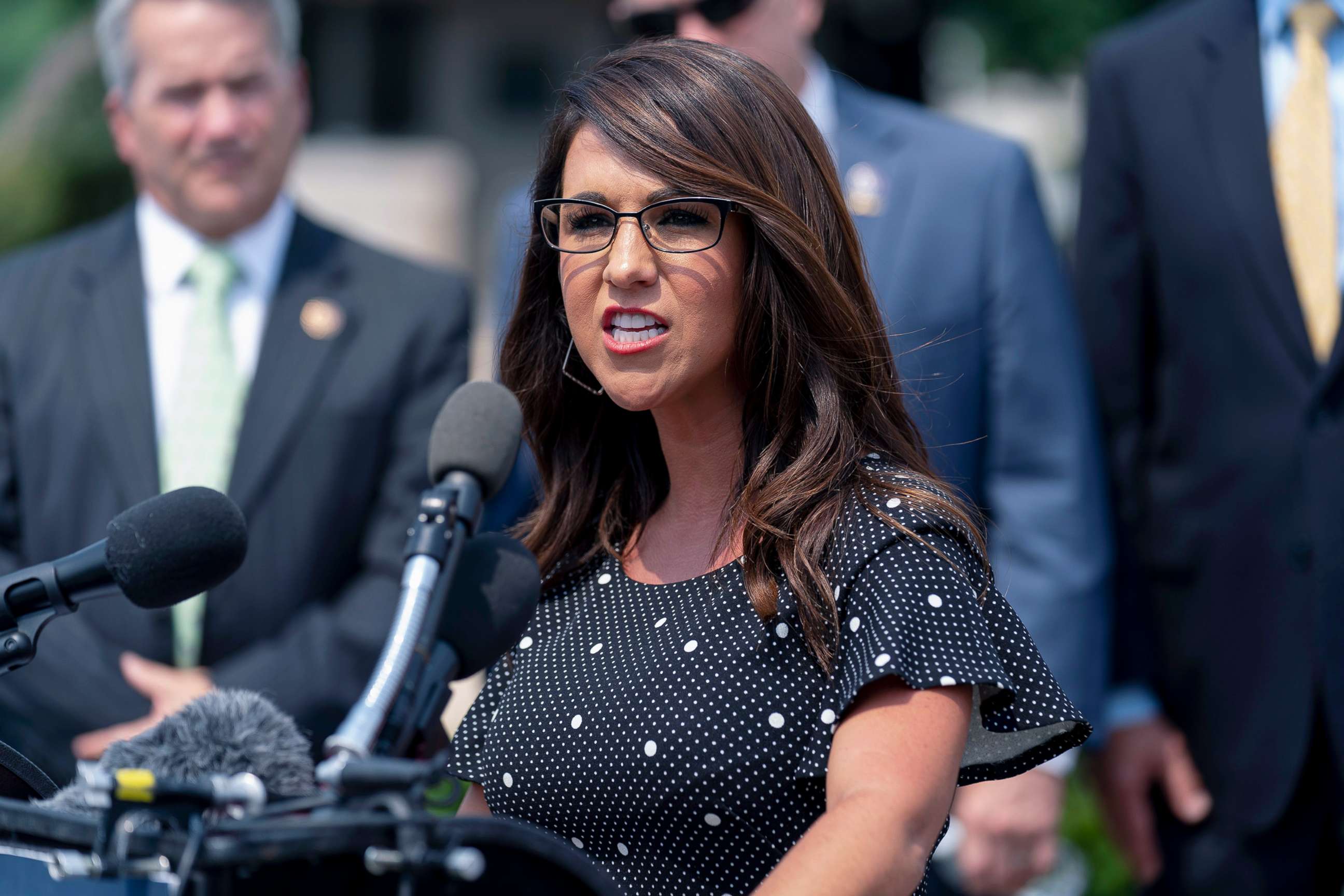 PHOTO: Rep. Lauren Boebert speaks at a news conference held by members of the House Freedom Caucus on Capitol Hill in Washington, D.C., July 29, 2021.