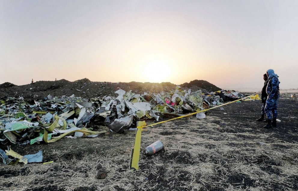 PHOTO: Debris lays piled up just outside the impact crater at the crash site of Ethiopian Airlines flight 302 in Bishoftu, Ethiopia, March 11, 2019. 