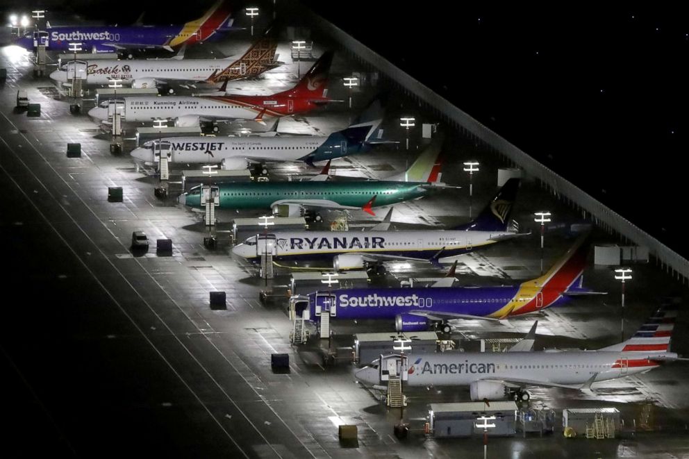 PHOTO: Aerial photo showing Boeing 737 Max airplanes parked at Boeing Field in Seattle, Washington, Oct. 20, 2019.