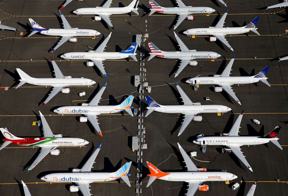 PHOTO: In this July 1, 2019, file photo, grounded Boeing 737 MAX aircraft are seen parked at Boeing Field in Seattle, Wash.