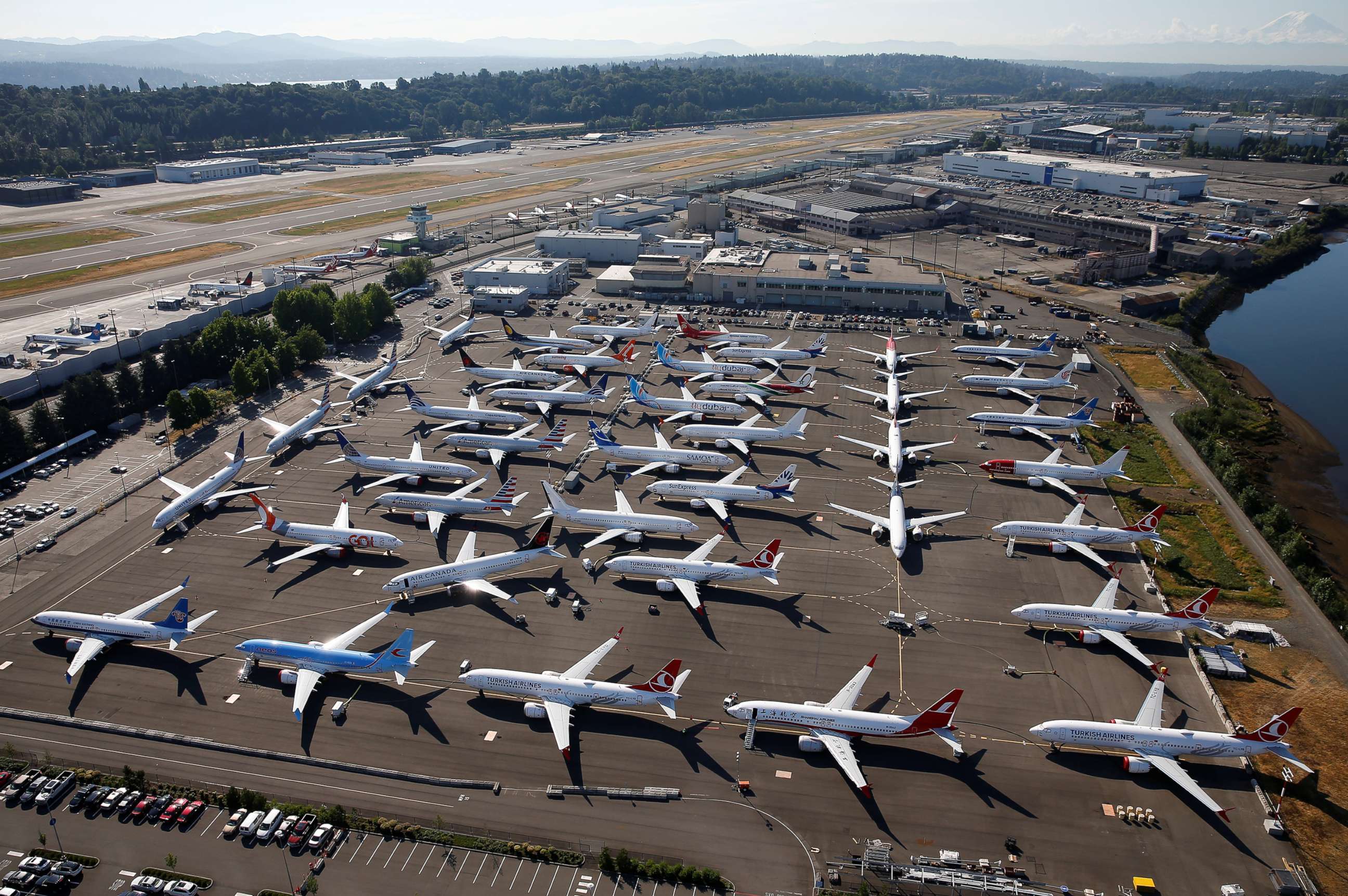 PHOTO: Grounded Boeing 737 MAX aircraft are seen parked in an aerial photo at Boeing Field in Seattle, July 1, 2019.