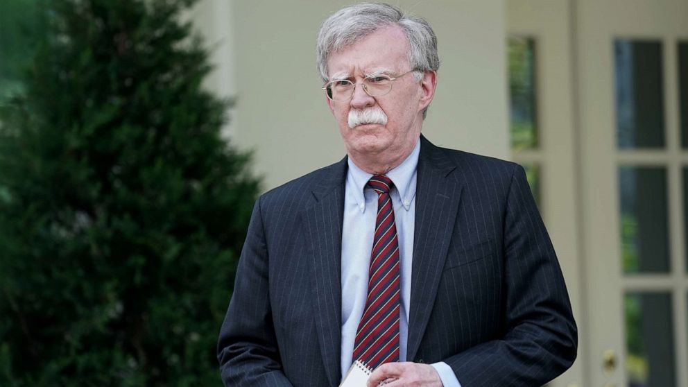 PHOTO: White House National Security Advisor John Bolton talks to reporters outside of the White House West Wing April 30, 2019 in Washington, DC.