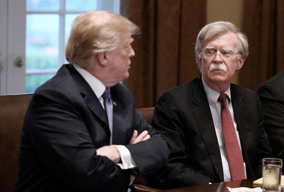 PHOTO: U.S President Donald Trump and John Bolton attend a briefing from Senior Military Leadership in the Cabinet Room of the White House in Washington, April 9, 2018.
