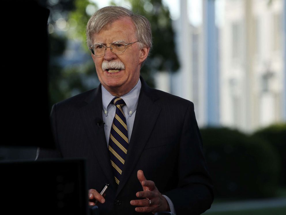 PHOTO: National Security Adviser John Bolton speaks on a morning television show from the grounds of the White House, May 9, 2018.