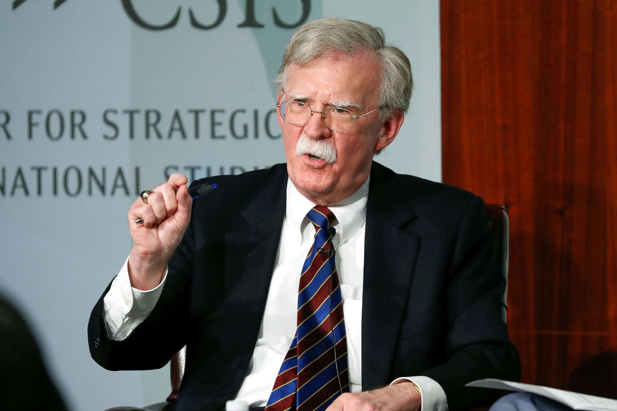 PHOTO: Former National security adviser John Bolton gestures while speakings at the Center for Strategic and International Studies in Washington D.C., Sept. 30, 2019. 