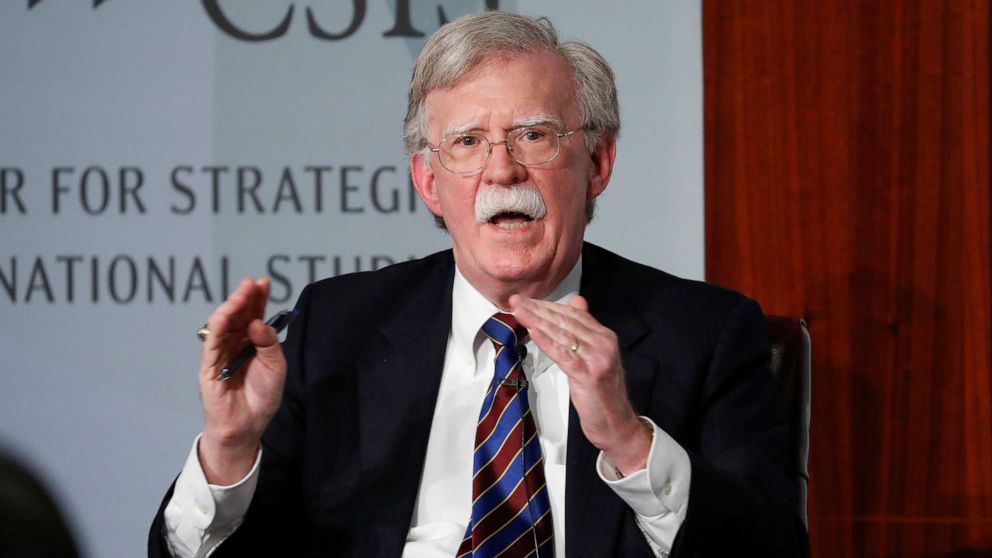 PHOTO: In this Sept. 30, 2019, file photo, former national security adviser John Bolton gestures while speaking at the Center for Strategic and International Studies in Washington, D.C.