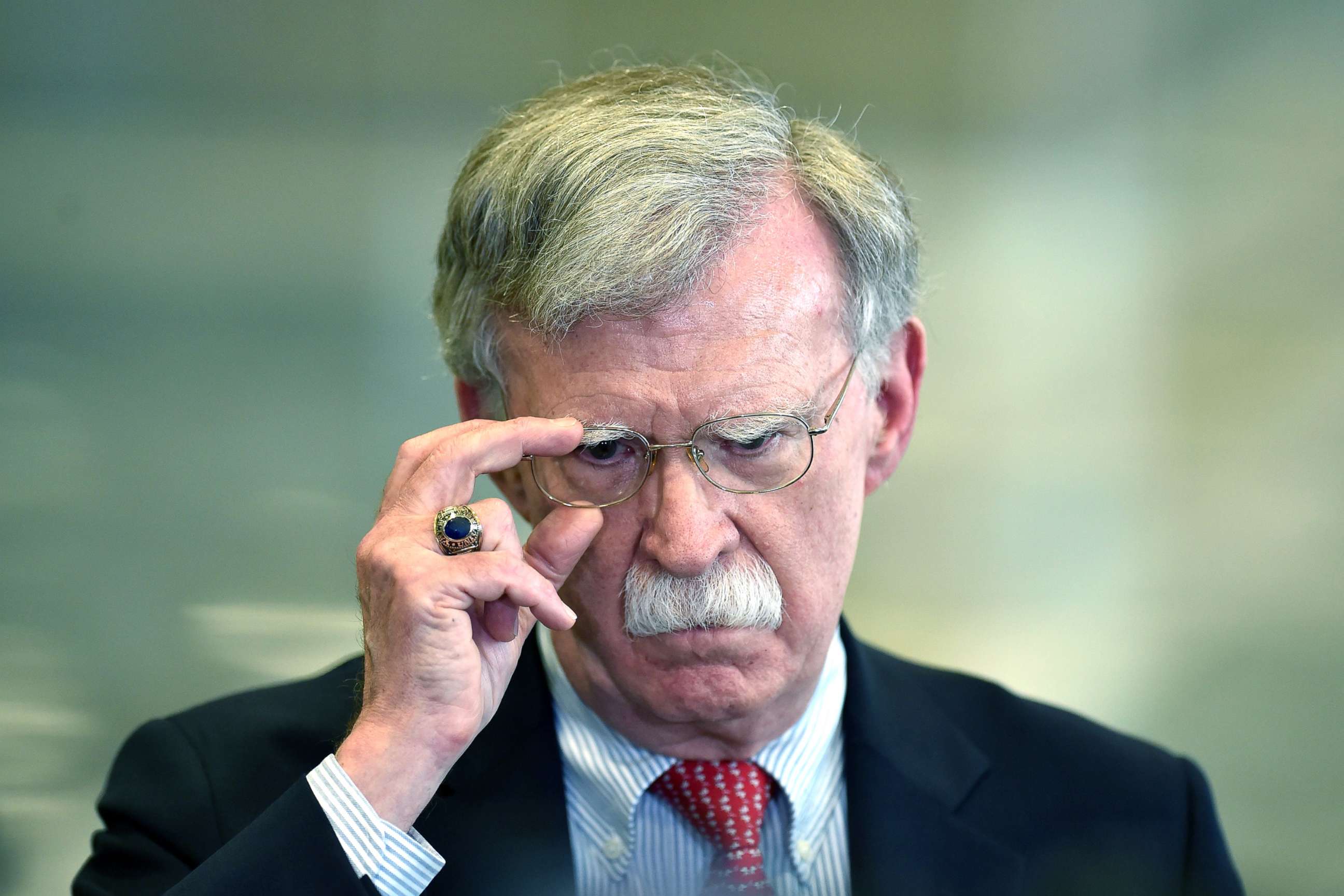 PHOTO: National Security Advisor John Bolton answers journalists questions after his meeting with Belarus President in Minsk, Aug. 29, 2019. 
