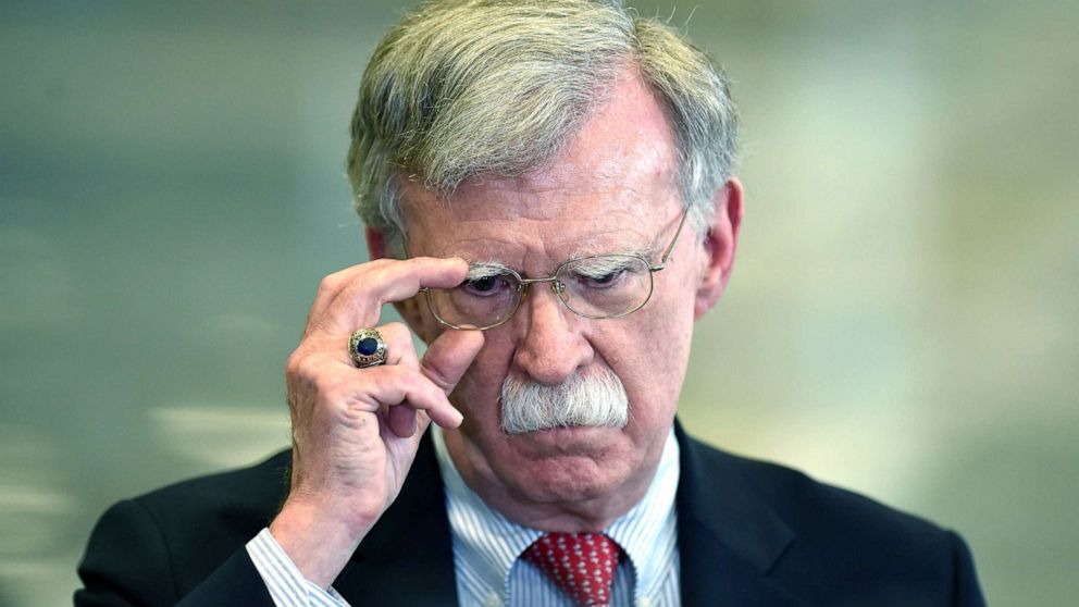 PHOTO: National Security Advisor John Bolton answers journalists questions after his meeting with Belarus President in Minsk, Aug. 29, 2019. 