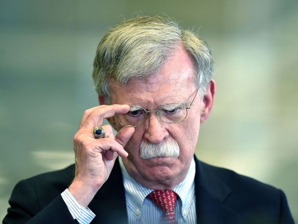 PHOTO: National Security Advisor John Bolton answers journalists questions after his meeting with Belarus President in Minsk, Aug. 29, 2019.