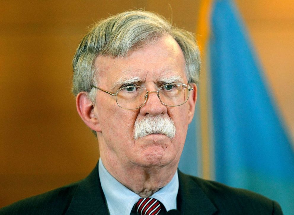 PHOTO: National Security Adviser John Bolton speaks during a media conference in Kiev, Aug. 28, 2019.