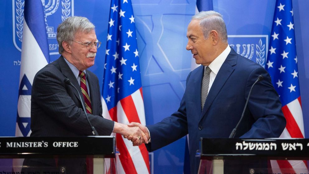PHOTO: Israeli Prime Minister Benjamin Netanyahu, right, shakes hands with U.S. national security adviser John Bolton during their meeting at the Prime Minister's office in Jerusalem, Aug. 20, 2018.