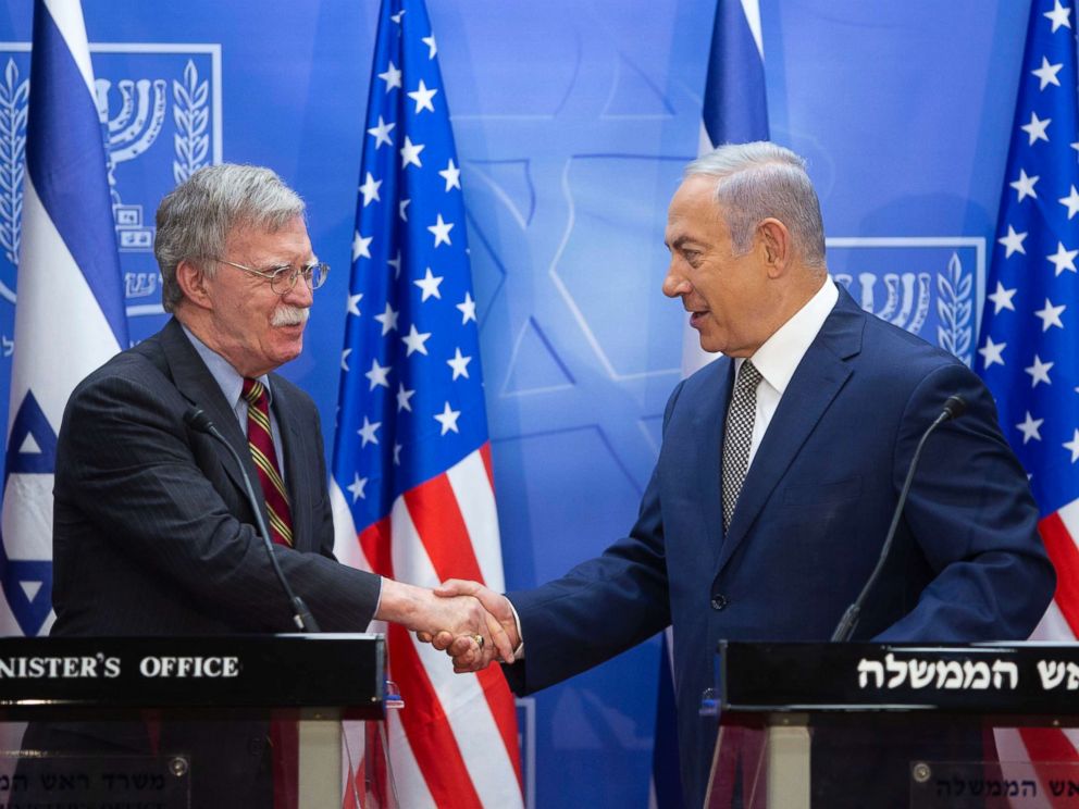 PHOTO: Israeli Prime Minister Benjamin Netanyahu, right, shakes hands with U.S. national security adviser John Bolton during their meeting at the Prime Ministers office in Jerusalem, Aug. 20, 2018.