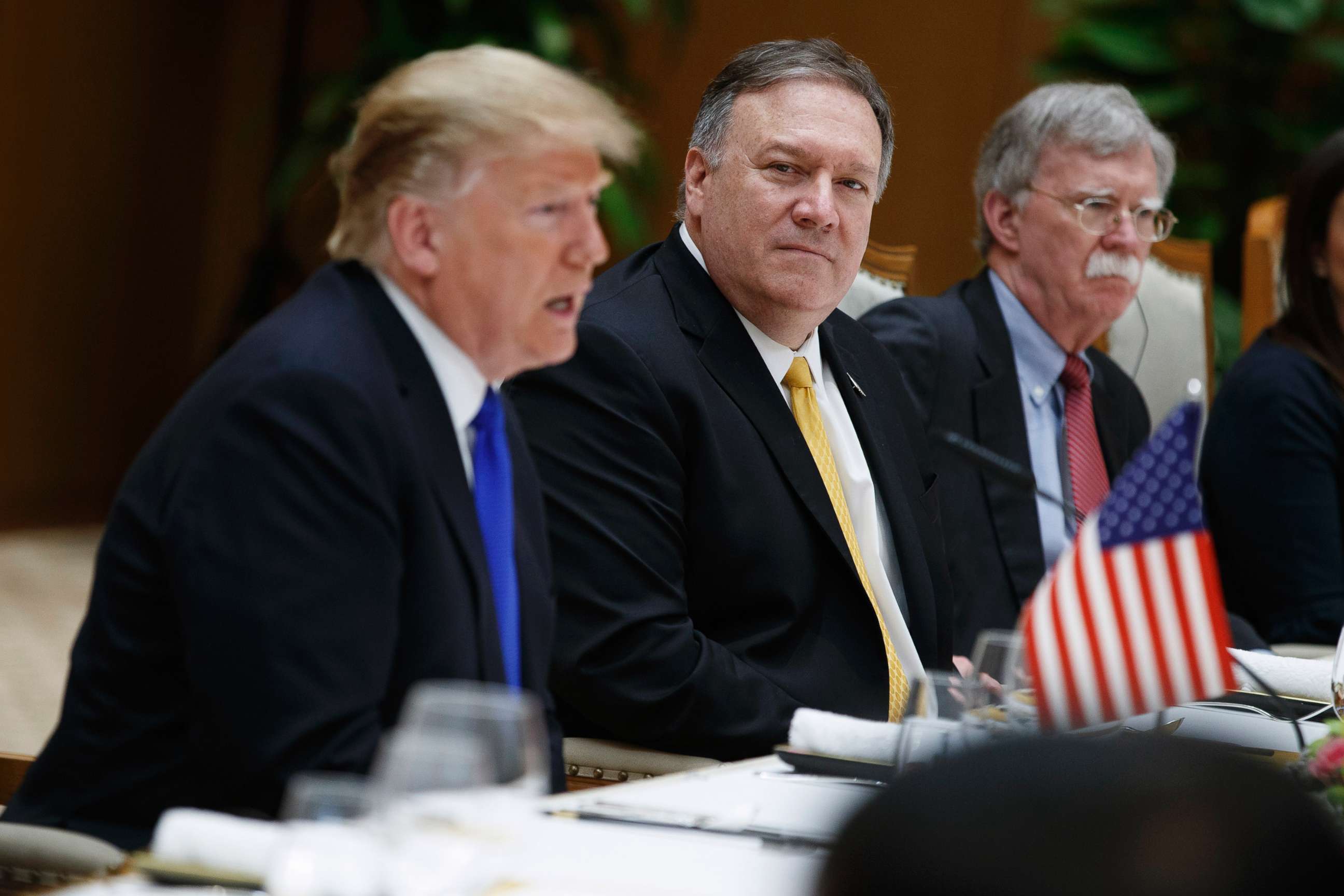PHOTO: Secretary of State Mike Pompeo, center, and national security adviser John Bolton, right, listen as President Donald Trump speaks during a meeting with Vietnamese Prime Minister Nguyen Xuan Phuc, Feb. 27, 2019, in Hanoi, Vietnam.