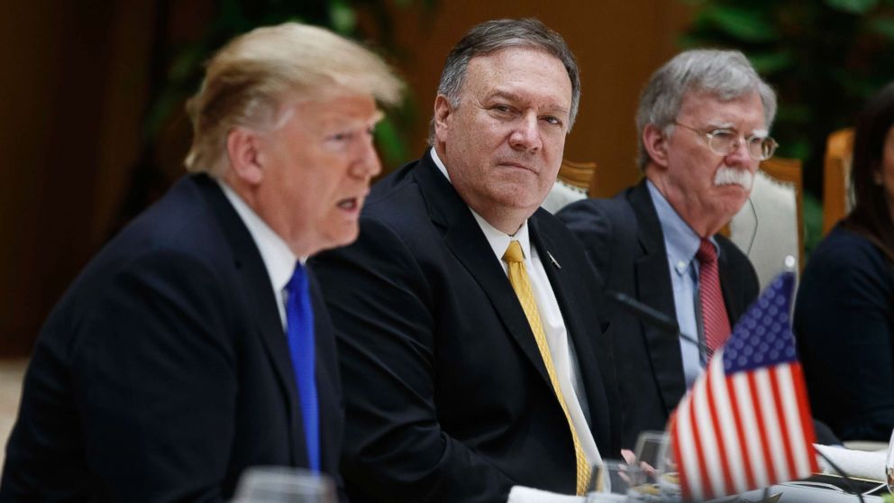 PHOTO: Secretary of State Mike Pompeo, center, and national security adviser John Bolton, right, listen as President Donald Trump speaks during a meeting with Vietnamese Prime Minister Nguyen Xuan Phuc, Feb. 27, 2019, in Hanoi, Vietnam.