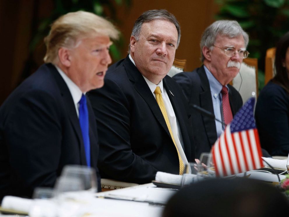 PHOTO: Secretary of State Mike Pompeo, center, and national security adviser John Bolton, right, listen as President Donald Trump speaks during a meeting with Vietnamese Prime Minister Nguyen Xuan Phuc, Feb. 27, 2019, in Hanoi, Vietnam.