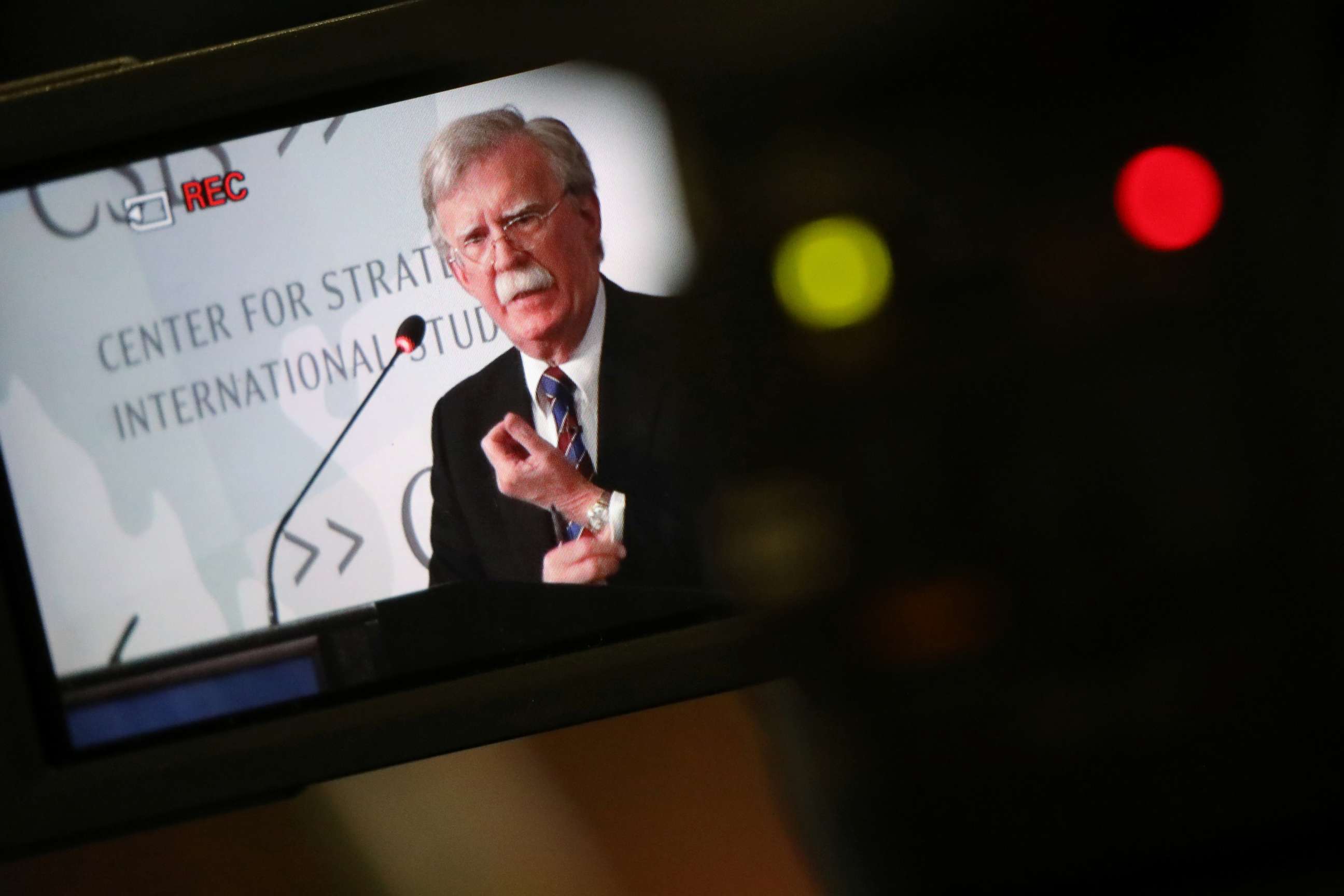 PHOTO: White House former National Security Advisor John Bolton is seen in video camera's screen as he delivers remarks on North Korea at the Center for Strategic and International Studies (CSIS) think tank in Washington, U.S. September 30, 2019. 
