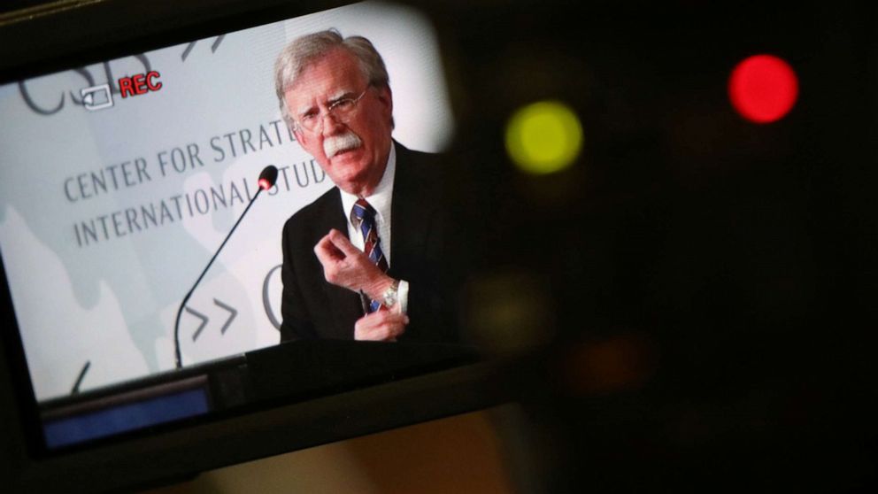 PHOTO: White House former National Security Advisor John Bolton is seen in video camera's screen as he delivers remarks on North Korea at the Center for Strategic and International Studies (CSIS) think tank in Washington, U.S. September 30, 2019. 