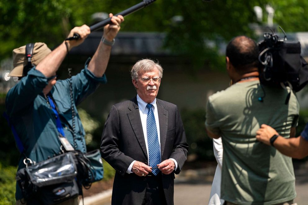 PHOTO: National Security Advisor John Bolton speaks to the media about the ongoing political turmoil in Venezuela outside the West Wing of the White House in Washington, May 3, 2019.