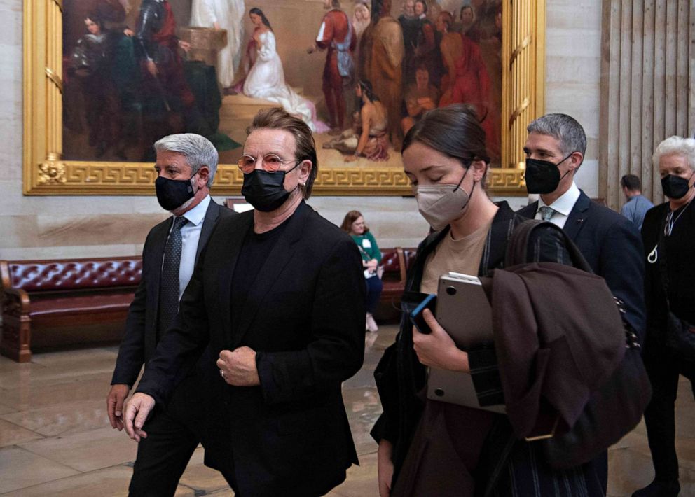 PHOTO: Bono, lead singer of U2, walks through through the Rotunda on Capitol Hill between meetings with US lawmakers about obtaining supplemental funding for the global COVID response, in Washington, March 30, 2022.