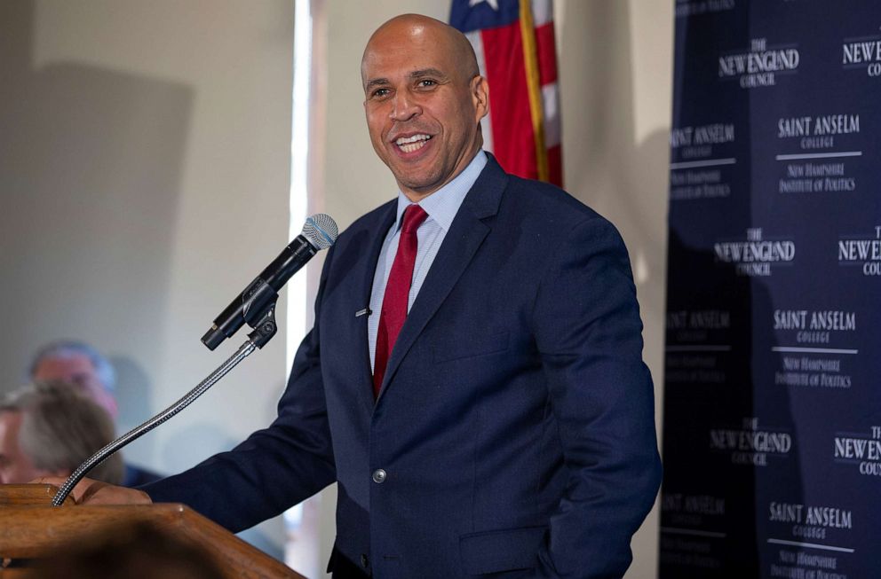 PHOTO: Senator Cory Booker addresses the audience at the New England Council Politics and Eggs breakfast at the Bedford Inn in Bedford, New Hampshire, Sept. 26, 2019.