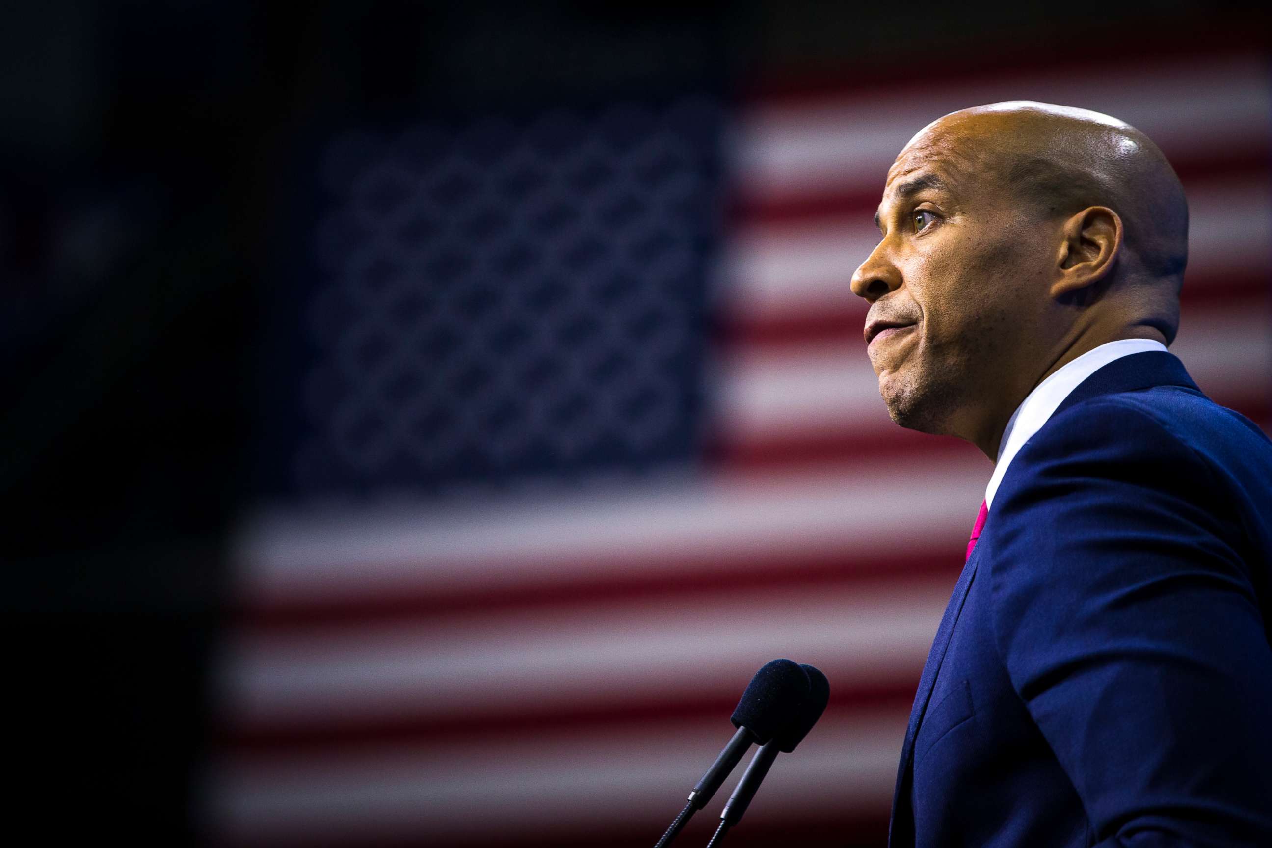 PHOTO: U.S. Senator Cory Booker speaks during the New Hampshire Democratic Party State Convention at the SNHU Arena in Manchester, NH on Sep. 7, 2019.