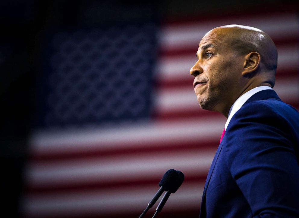 PHOTO: U.S. Senator Cory Booker speaks during the New Hampshire Democratic Party State Convention at the SNHU Arena in Manchester, NH on Sep. 7, 2019.