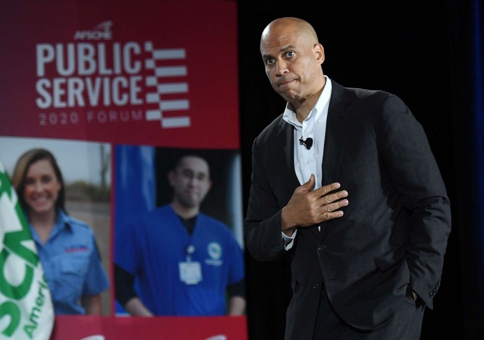 PHOTO: Democratic presidential candidate, Sen. Cory Booker, D-N.J., speaks during the 2020 Public Service Forum hosted by the American Federation of State, County and Municipal Employees (AFSCME) at UNLV on Saturday, Aug. 3, 2019 in Las Vegas. 