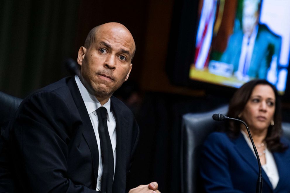 PHOTO: Sen. Cory Booker, D-N.J., and Sen. Kamala Harris, D-Calif., listen during a Senate Judiciary Committee hearing examining issues facing prisons and jails during the coronavirus pandemic on Capitol Hill, June 2, 2020. 
