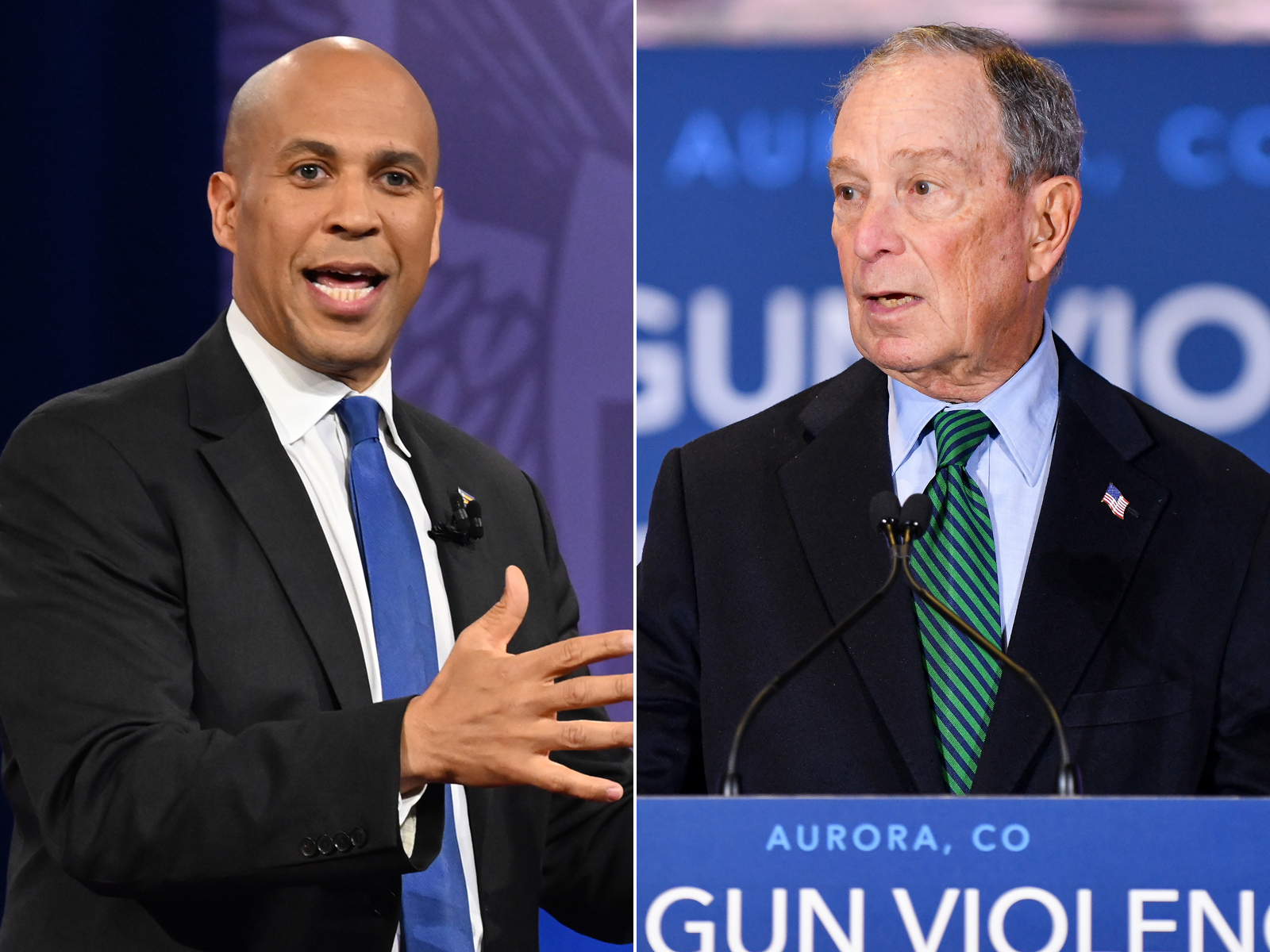 PHOTO: Cory Booker gestures as he speaks during a town hall devoted to LGBTQ issues hosted by CNN. | Mayor Michael Bloomberg speaks during an event to introduce his gun safety policy agenda at the Heritage Christian Center.