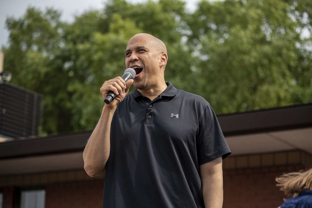 PHOTO: Democratic presidential candidate U.S. Sen. Cory Booker speaks to a crowd at the Iowa State Fair, Aug. 10, 2019, in Des Moines, Iowa.