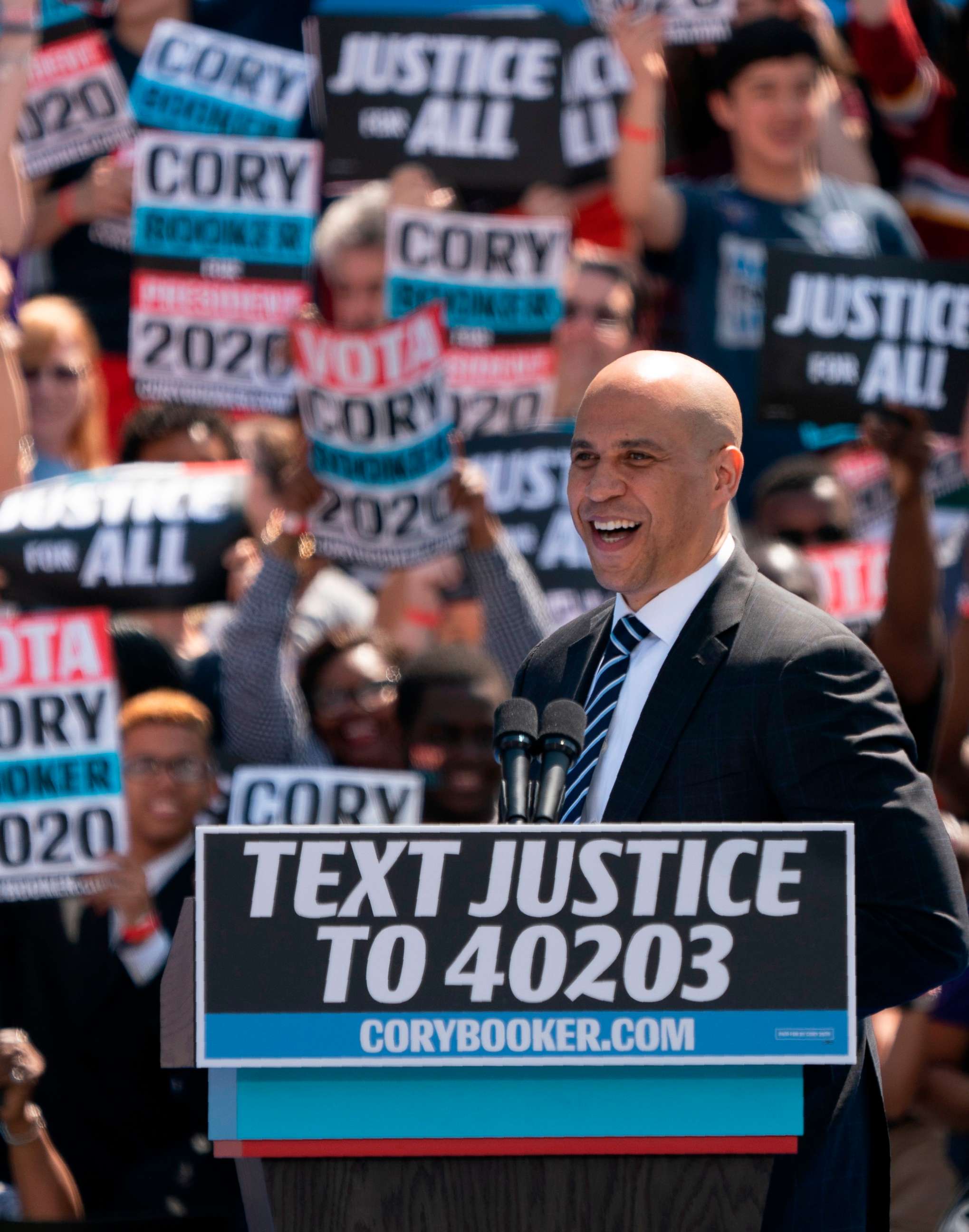 PHOTO: Presidential hopeful Cory Booker addresses his "Hometown Kickoff of the Justice For All Tour," April 13, 2019 in Newark, N.J.