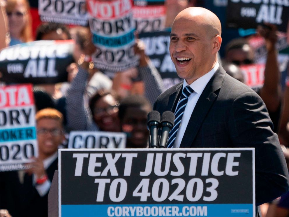 PHOTO: Presidential hopeful Cory Booker addresses his Hometown Kickoff of the Justice For All Tour, April 13, 2019 in Newark, N.J.