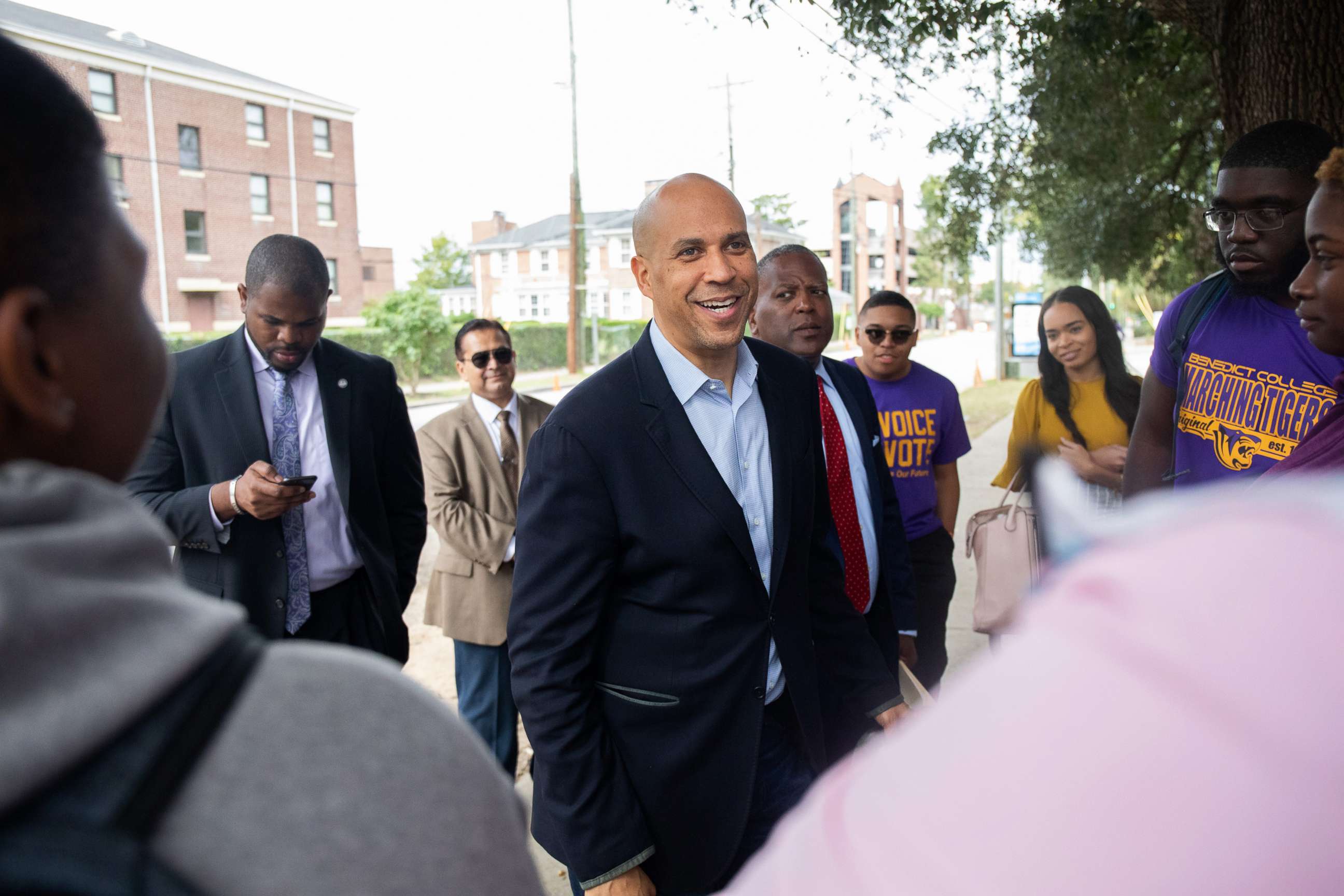 PHOTO: Senator Cory Booker, a Democrat from New Jersey and 2020 presidential candidate, center, speaks with students during the Second Step Presidential Justice Forum at Benedict College in Columbia, S.C., Oct. 26, 2019. 