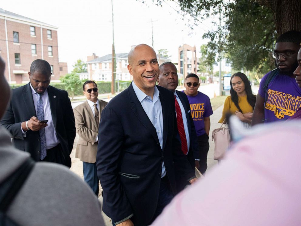 PHOTO: Senator Cory Booker, a Democrat from New Jersey and 2020 presidential candidate, center, speaks with students during the Second Step Presidential Justice Forum at Benedict College in Columbia, S.C., Oct. 26, 2019.