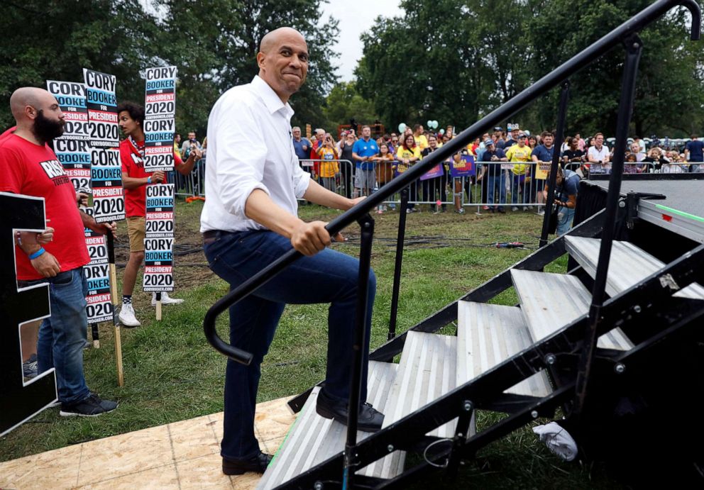 PHOTO: Democratic presidential candidate Sen. Cory Booker prepares to speak at the Polk County Democrats Steak Fry, Sept. 21, 2019, in Des Moines, Iowa.