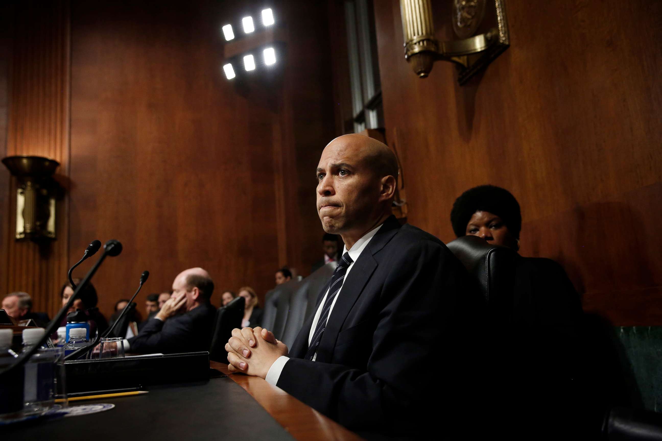 PHOTO: Sen. Cory Booker listens to Republican senators speak after colleagues walked out of a Senate Judiciary Committee meeting, Sept. 28, 2018 in Washington, D.C. during discussions on the nomination of Judge Brett Kavanaugh to the U.S. Supreme Court.