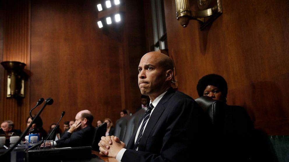 PHOTO: Sen. Cory Booker listens to Republican senators speak after colleagues walked out of a Senate Judiciary Committee meeting, Sept. 28, 2018 in Washington, D.C. during discussions on the nomination of Judge Brett Kavanaugh to the U.S. Supreme Court.