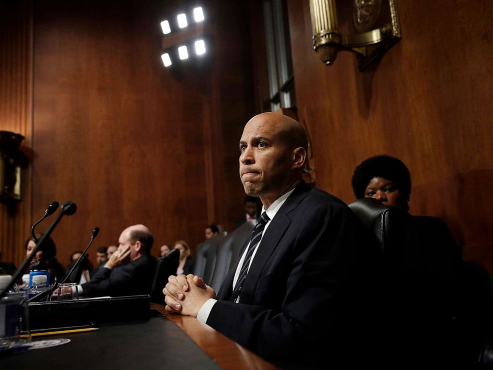 PHOTO: Sen. Cory Booker listens to Republican senators speak after colleagues walked out of a Senate Judiciary Committee meeting, Sept. 28, 2018 in Washington, D.C. during discussions on the nomination of Judge Brett Kavanaugh to the U.S. Supreme Court.