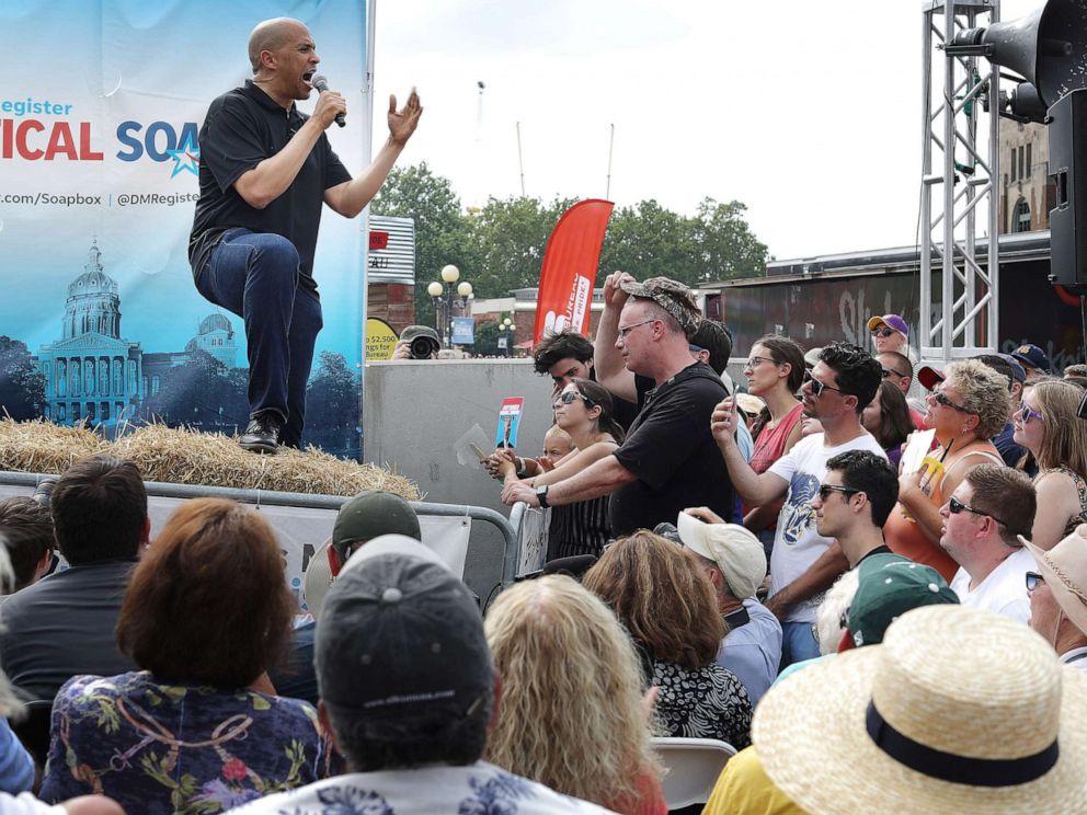 PHOTO: Democratic presidential candidate Sen. Cory Booker delivers a 20-minute campaign speech at the Des Moines Register Political Soapbox at the Iowa State Fair August 10, 2019, in Des Moines, Iowa.