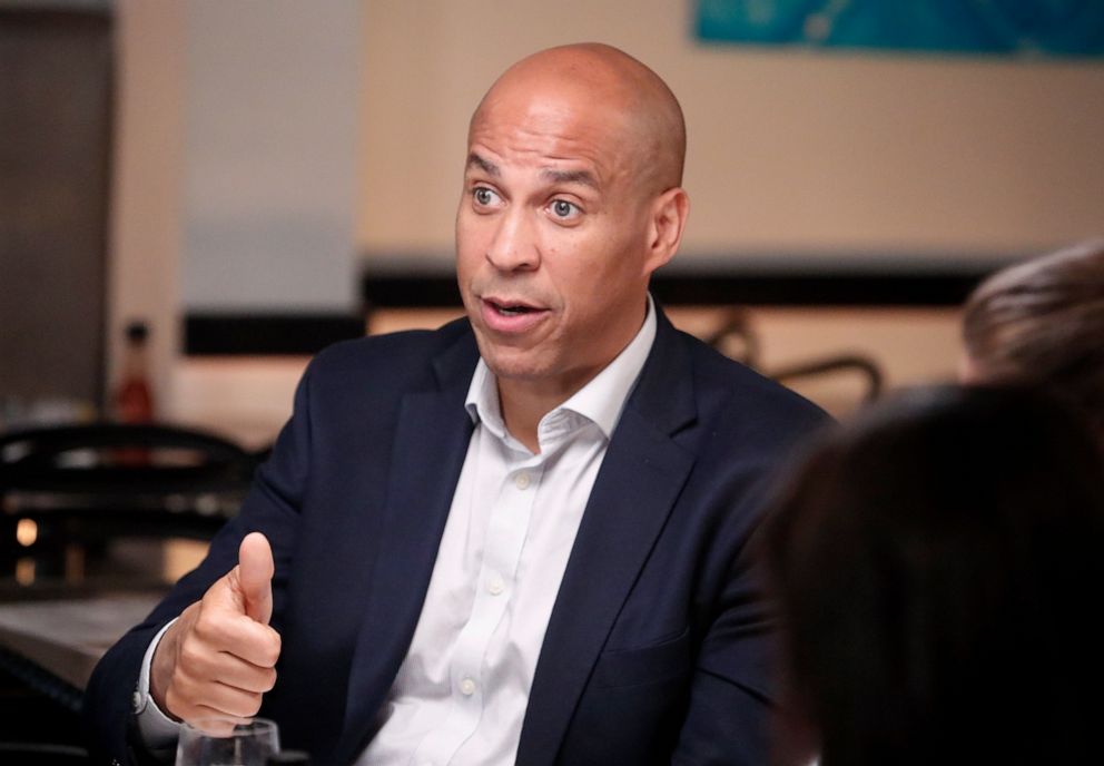 PHOTO: ABC News Correspondent Linsey Davis moderates a conversation with 2020 Democratic presidential candidate Cory Booker and three undecided voters at a restaurant in Newark, N.J., for the next installment of "Around the Table."